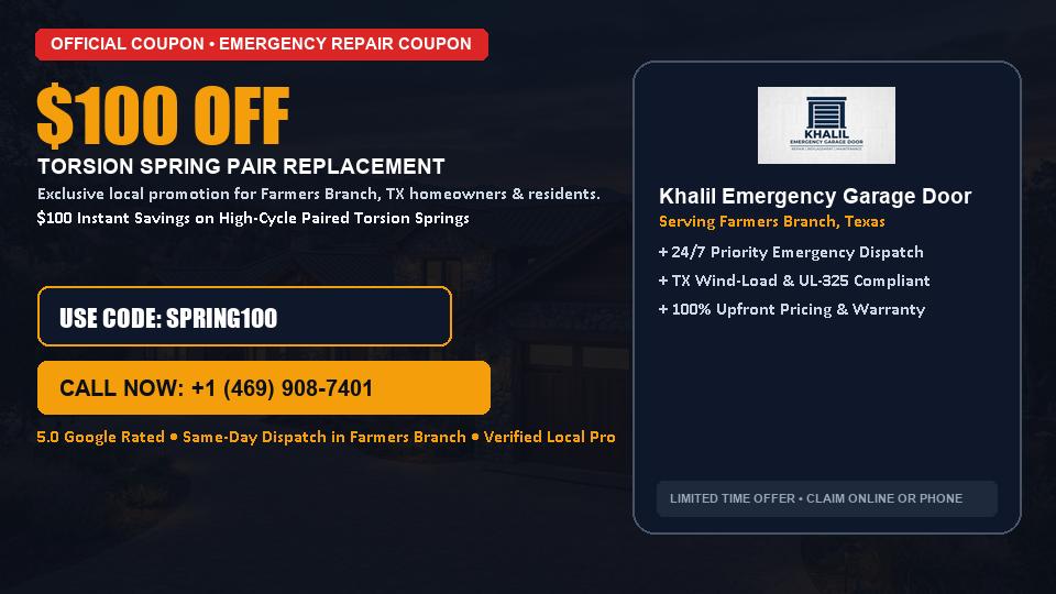 $100 OFF Dual High-Cycle Torsion Spring Replacement in Farmers Branch, TX - Khalil Emergency Garage Door