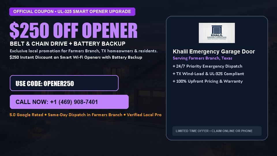 $250 OFF Smart Wi-Fi Garage Door Opener Installation in Farmers Branch, TX - Khalil Emergency Garage Door