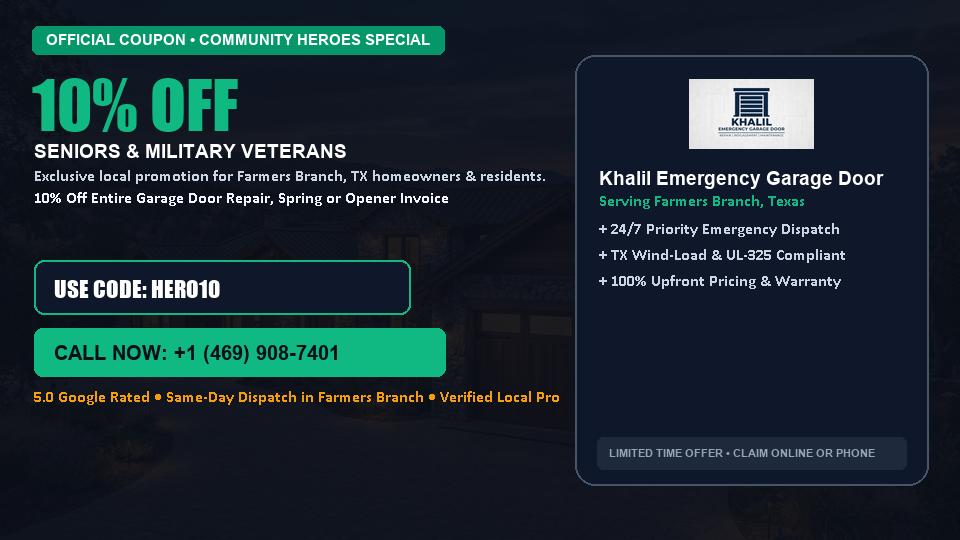 10% OFF Senior, Military & First Responder Discount in Farmers Branch, TX - Khalil Emergency Garage Door